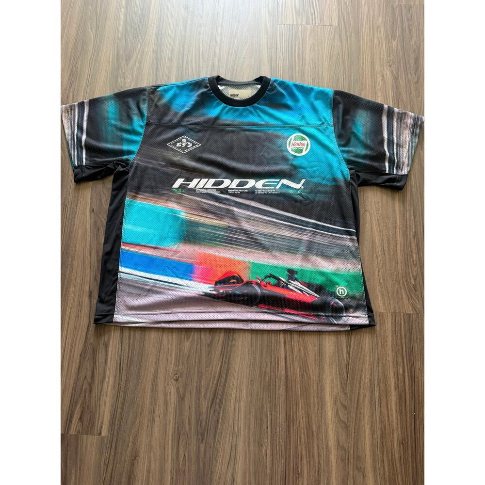 Hidden NY F1 Racing Blur Sublimated Mesh Jersey Black Teal Oversized Tee